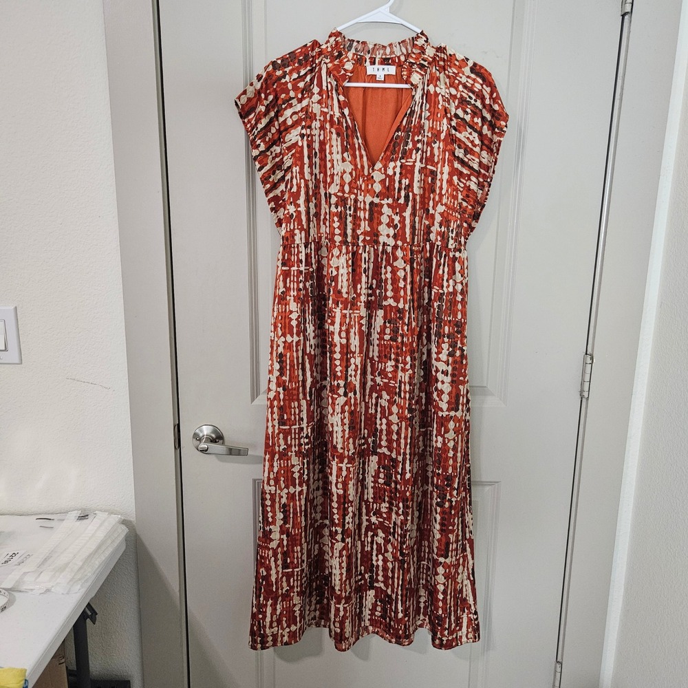 THML Rust Orange Abstract Print Midi Dress Ruffle Neck Cap Sleeve Size S